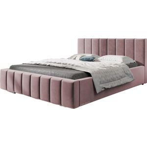 Tweepersoonsbed met fluwelen bekleding, met hoofdeinde, lattenbodem, bed voor volwassenen - BETT 01 - 160x200 - Donkerroze (TRINITY 23)