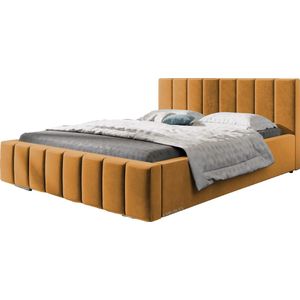 Tweepersoonsbed met fluwelen bekleding, met hoofdeinde, lattenbodem, bed voor volwassenen - BETT 01 - 160x200 - Donker geel (TRINITY 26)