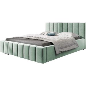 Tweepersoonsbed met fluwelen bekleding, met hoofdeinde, lattenbodem, bed voor volwassenen - BETT 01 - 180x200 - Mintgroen (TRINITY 21)