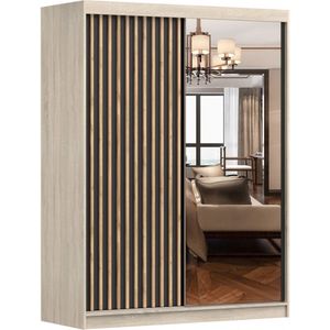 Schuifwandkast met decoratieve lamellen, Zweefdeurkast Kledingkast met Spiegel, kast met planken en kledingstang Gaderobe 150x200x61 cm - LABI C1 (Sonoma + Zwart, 150)