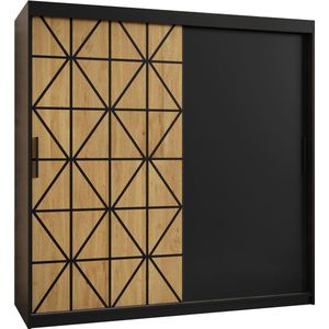 Zweefdeurkast Kledingkast met 2 schuifdeuren Garderobekast slaapkamerkast Kledingstang met planken (LxHxP): 180x200x60 cm - Kaso (Zwart en geometrische patronen, 180)