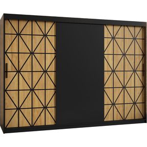 Zweefdeurkast Kledingkast met 3 schuifdeuren Garderobekast slaapkamerkast Kledingstang met planken (LxHxP): 250x250x60 cm - Kaso (Zwart en geometrische patronen, 250)