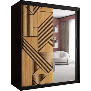 Zweefdeurkast met spiegel Kledingkast met 3 schuifdeuren Garderobekast slaapkamerkast Kledingstang met planken (LxHxP): 150x200x62 cm - Lora II (Zwart, 150)