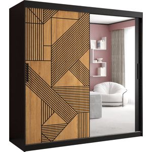 Zweefdeurkast met spiegel Kledingkast met 3 schuifdeuren Garderobekast slaapkamerkast Kledingstang met planken (LxHxP): 180x200x62 cm - Lora II (Zwart, 180) met lades
