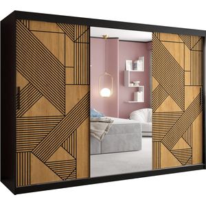 Zweefdeurkast met spiegel Kledingkast met 3 schuifdeuren Garderobekast slaapkamerkast Kledingstang met planken (LxHxP): 250x200x62 cm - Lora II (Zwart, 250)