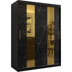 Zweefdeurkast met spiegel Kledingkast met 3 schuifdeuren Garderobekast slaapkamerkast Kledingstang met planken (LxHxP): 150x200x62 cm - Denlo P (Zwart, 150)