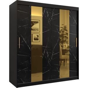 Zweefdeurkast met spiegel Kledingkast met 3 schuifdeuren Garderobekast slaapkamerkast Kledingstang met planken (LxHxP): 180x200x62 cm - Denlo P (Zwart, 180)
