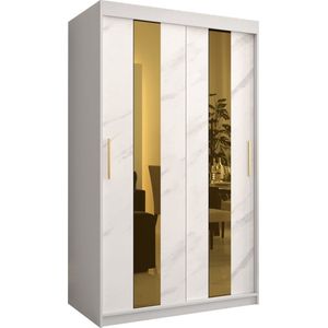 Zweefdeurkast met spiegel Kledingkast met 3 schuifdeuren Garderobekast slaapkamerkast Kledingstang met planken (LxHxP): 120x200x62 cm - Denlo P (Wit, 120) met lades