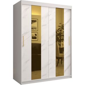 Zweefdeurkast met spiegel Kledingkast met 3 schuifdeuren Garderobekast slaapkamerkast Kledingstang met planken (LxHxP): 150x200x62 cm - Denlo P (Wit, 150)
