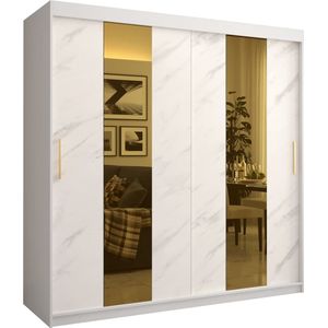 Zweefdeurkast met spiegel Kledingkast met 3 schuifdeuren Garderobekast slaapkamerkast Kledingstang met planken (LxHxP): 200x200x62 cm - Denlo P (Wit, 200)