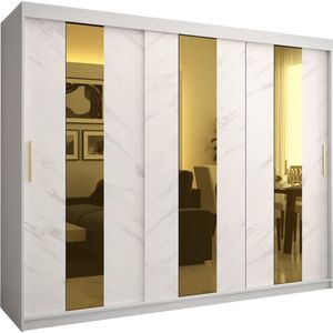 Zweefdeurkast met spiegel Kledingkast met 3 schuifdeuren Garderobekast slaapkamerkast Kledingstang met planken (LxHxP): 250x200x62 cm - Denlo P (Wit, 250)