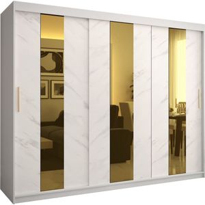 Zweefdeurkast met spiegel Kledingkast met 3 schuifdeuren Garderobekast slaapkamerkast Kledingstang met planken (LxHxP): 250x200x62 cm - Denlo P (Wit, 250) met lades