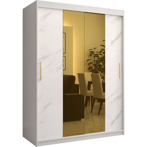 Zweefdeurkast met spiegel Kledingkast met 3 schuifdeuren Garderobekast slaapkamerkast Kledingstang met planken (LxHxP): 150x200x62 cm - Denlo T1 (Wit, 150)