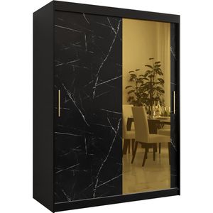 Zweefdeurkast met spiegel Kledingkast met 3 schuifdeuren Garderobekast slaapkamerkast Kledingstang met planken (LxHxP): 150x200x62 cm - Denlo T2 (Zwart, 150)