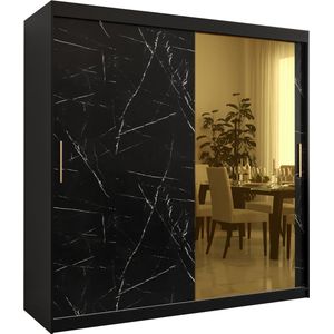 Zweefdeurkast met spiegel Kledingkast met 3 schuifdeuren Garderobekast slaapkamerkast Kledingstang met planken (LxHxP): 200x200x62 cm - Denlo T2 (Zwart, 200)