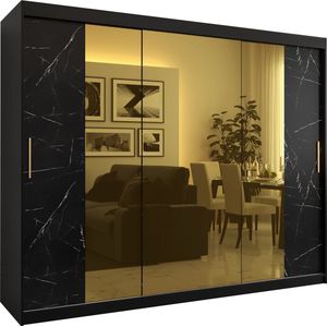 Zweefdeurkast met spiegel Kledingkast met 3 schuifdeuren Garderobekast slaapkamerkast Kledingstang met planken (LxHxP): 250x200x62 cm - Denlo T2 (Zwart, 250) met lades