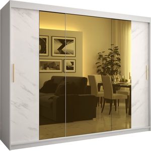 Zweefdeurkast met spiegel Kledingkast met 3 schuifdeuren Garderobekast slaapkamerkast Kledingstang met planken (LxHxP): 250x200x62 cm - Denlo T2 (Wit, 250)