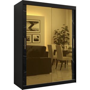 Zweefdeurkast met spiegel Kledingkast met 3 schuifdeuren Garderobekast slaapkamerkast Kledingstang met planken (LxHxP): 150x200x62 cm - Denlo T3 (Zwart, 150)
