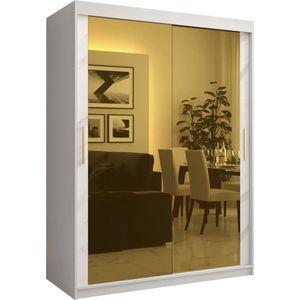 Zweefdeurkast met spiegel Kledingkast met 3 schuifdeuren Garderobekast slaapkamerkast Kledingstang met planken (LxHxP): 150x200x62 cm - Denlo T3 (Wit, 150)