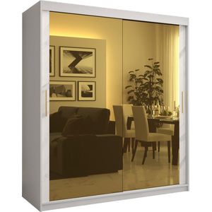 Zweefdeurkast met spiegel Kledingkast met 3 schuifdeuren Garderobekast slaapkamerkast Kledingstang met planken (LxHxP): 180x200x62 cm - Denlo T3 (Wit, 180) met lades