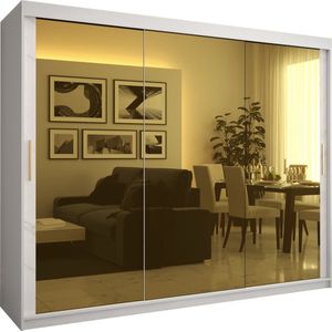 Zweefdeurkast met spiegel Kledingkast met 3 schuifdeuren Garderobekast slaapkamerkast Kledingstang met planken (LxHxP): 250x200x62 cm - Denlo T3 (Wit, 250)