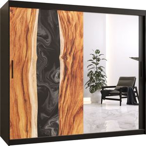 Zweefdeurkast met spiegel Kledingkast met 3 schuifdeuren Garderobekast slaapkamerkast Kledingstang met planken (LxHxP): 200x200x60 cm - Natural II (Zwart, 200) met lades