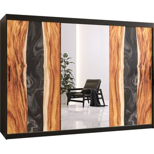 Zweefdeurkast met spiegel Kledingkast met 3 schuifdeuren Garderobekast slaapkamerkast Kledingstang met planken (LxHxP): 250x200x60 cm - Natural II (Zwart, 250)