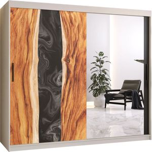 Zweefdeurkast met spiegel Kledingkast met 3 schuifdeuren Garderobekast slaapkamerkast Kledingstang met planken (LxHxP): 200x200x60 cm - Natural II (Wit, 200) met lades