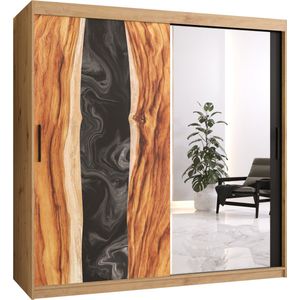 Zweefdeurkast met spiegel Kledingkast met 3 schuifdeuren Garderobekast slaapkamerkast Kledingstang met planken (LxHxP): 180x200x60 cm - Natural II (Artisan, 180)