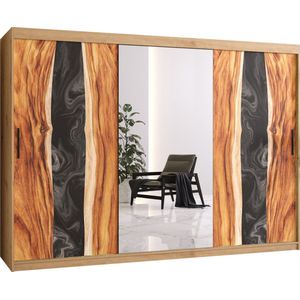 Zweefdeurkast met spiegel Kledingkast met 3 schuifdeuren Garderobekast slaapkamerkast Kledingstang met planken (LxHxP): 250x200x60 cm - Natural II (Artisan, 250) met lades