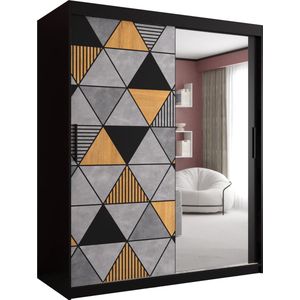 Zweefdeurkast met spiegel Kledingkast met 2 schuifdeuren Garderobekast slaapkamerkast Kledingstang met planken (LxHxP): 150x200x60 cm - Gara II (Zwart, 150)