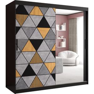 Zweefdeurkast met spiegel Kledingkast met 2 schuifdeuren Garderobekast slaapkamerkast Kledingstang met planken (LxHxP): 180x200x60 cm - Gara II (Zwart, 180)
