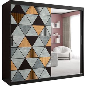Zweefdeurkast met spiegel Kledingkast met 2 schuifdeuren Garderobekast slaapkamerkast Kledingstang met planken (LxHxP): 200x200x60 cm - Gara II (Zwart, 200) met lades