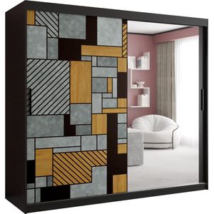Zweefdeurkast met spiegel Kledingkast met 2 schuifdeuren Garderobekast slaapkamerkast Kledingstang met planken (LxHxP): 200x200x60 cm - Varus II (Zwart, 200)
