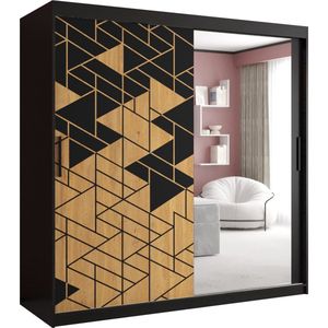 Zweefdeurkast met spiegel Kledingkast met 3 schuifdeuren Garderobekast slaapkamerkast Kledingstang met planken (LxHxP): 180x200x60 cm - Salamon II (Zwart, 180)