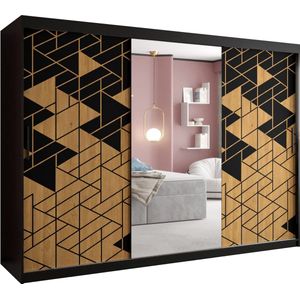 Zweefdeurkast met spiegel Kledingkast met 3 schuifdeuren Garderobekast slaapkamerkast Kledingstang met planken (LxHxP): 250x200x60 cm - Salamon II (Zwart, 250)