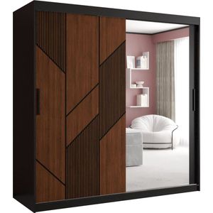 Zweefdeurkast met spiegel Kledingkast met 2 schuifdeuren Garderobekast slaapkamerkast Kledingstang met planken (LxHxP): 180x200x60 cm - Seiran II (Zwart, 180)