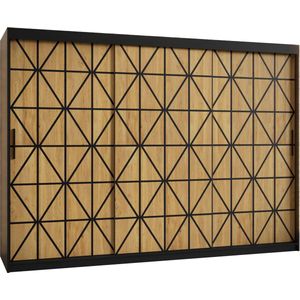 Zweefdeurkast Kledingkast met 3 schuifdeuren Garderobekast slaapkamerkast Kledingstang met planken (LxHxP): 250x200x60 cm - Kaso I (Zwart en geometrische patronen, 250)