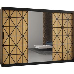 Zweefdeurkast met spiegel Kledingkast met 3 schuifdeuren Garderobekast slaapkamerkast Kledingstang met planken (LxHxP): 250x200x60 cm - Kaso II (Zwart en geometrische patronen, 250) met lades