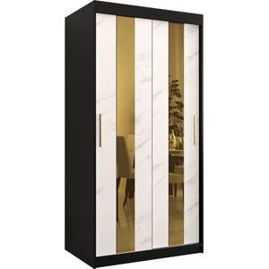 Zweefdeurkast met spiegel Kledingkast met 2 schuifdeuren Garderobekast slaapkamerkast Kledingstang met planken (LxHxP): 100x200x62 cm - Denlo P (Zwart + Wit, 100)