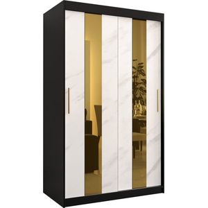 Zweefdeurkast met spiegel Kledingkast met 2 schuifdeuren Garderobekast slaapkamerkast Kledingstang met planken (LxHxP): 120x200x62 cm - Denlo P (Zwart + Wit, 120)
