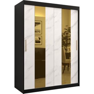 Zweefdeurkast met spiegel Kledingkast met 2 schuifdeuren Garderobekast slaapkamerkast Kledingstang met planken (LxHxP): 150x200x62 cm - Denlo P (Zwart + Wit, 150) met lades