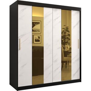 Zweefdeurkast met spiegel Kledingkast met 2 schuifdeuren Garderobekast slaapkamerkast Kledingstang met planken (LxHxP): 180x200x62 cm - Denlo P (Zwart + Wit, 180)