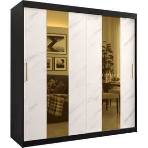 Zweefdeurkast met spiegel Kledingkast met 2 schuifdeuren Garderobekast slaapkamerkast Kledingstang met planken (LxHxP): 200x200x62 cm - Denlo P (Zwart + Wit, 200)