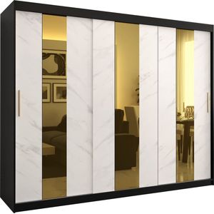 Zweefdeurkast met spiegel Kledingkast met 3 schuifdeuren Garderobekast slaapkamerkast Kledingstang met planken (LxHxP): 250x200x62 cm - Denlo P (Zwart + Wit, 250)