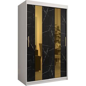 Zweefdeurkast met spiegel Kledingkast met 2 schuifdeuren Garderobekast slaapkamerkast Kledingstang met planken (LxHxP): 120x200x62 cm - Denlo P (Wit + Zwart, 120)