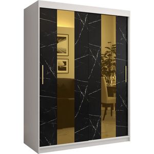 Zweefdeurkast met spiegel Kledingkast met 2 schuifdeuren Garderobekast slaapkamerkast Kledingstang met planken (LxHxP): 150x200x62 cm - Denlo P (Wit + Zwart, 150)