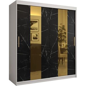 Zweefdeurkast met spiegel Kledingkast met 2 schuifdeuren Garderobekast slaapkamerkast Kledingstang met planken (LxHxP): 180x200x62 cm - Denlo P (Wit + Zwart, 180)