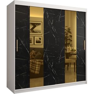 Zweefdeurkast met spiegel Kledingkast met 2 schuifdeuren Garderobekast slaapkamerkast Kledingstang met planken (LxHxP): 200x200x62 cm - Denlo P (Wit + Zwart, 200)