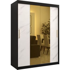 Zweefdeurkast met spiegel Kledingkast met 2 schuifdeuren Garderobekast slaapkamerkast Kledingstang met planken (LxHxP): 150x200x62 cm - Denlo T1 (Zwart + Wit, 150) met lades